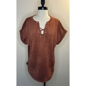 CUPIO Blush Brown Suede-feel Cap Sleeve Tie Pullover Blouse Top Shirt Womens L